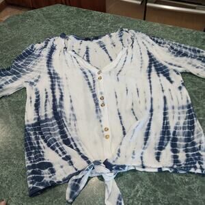 Angels Blue White Short Sleeve Tie-Dye Cropped Tie-Front Blouse Top Boho Beach